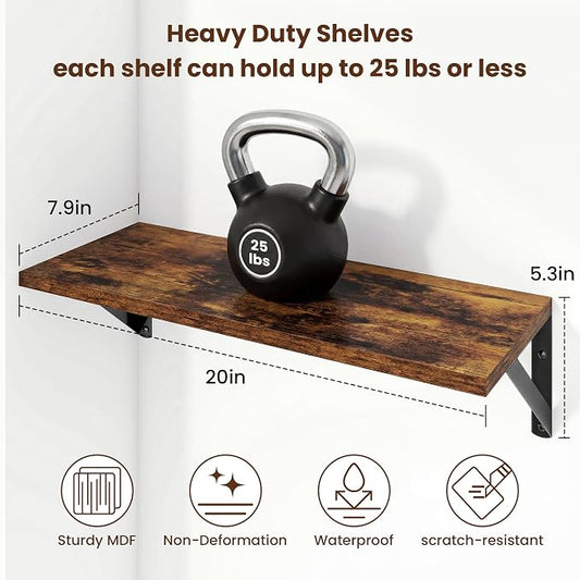 Axeman 20 Inch Floating Shelves | 8 Inch Deep Brown Wall Shelves Set of 2 | 20''W x 8''D Rustic Brown Wood Shelves for Bathroom Living Room Bedroom Kitchen