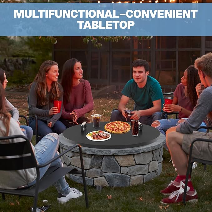 Fire Pit Lid Cover Round - 34" Rust Resistant Powder Coated Steel Firepit Cover or Table with 2 Wooden Handles for Patio Fire Pit, Weatherproof for All Seasons, Fits Fire Pits Up to 32"