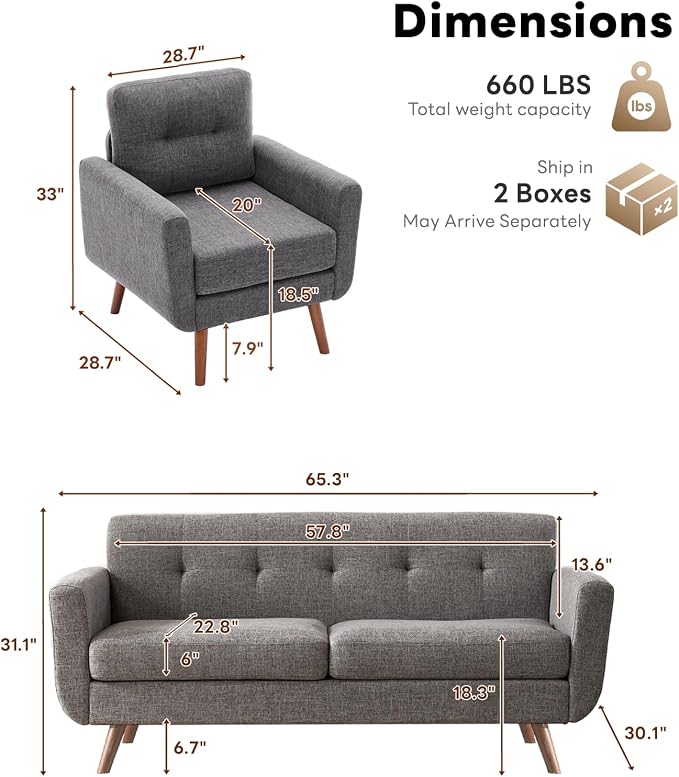 Tbfit Mid Century Modern Sofa Couch, Gray, Loveseat & Accent Chair | linen fabric