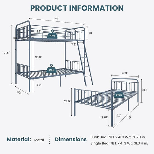 SHA CERLIN Convertible Twin Over Twin Bunk Bed, CPC Certified,Gray | Victorian Iron-Art Headboard and Footboard,Space-Saving Metal Bunk Bed with Guardrail & Ladder,No Box Spring Needed