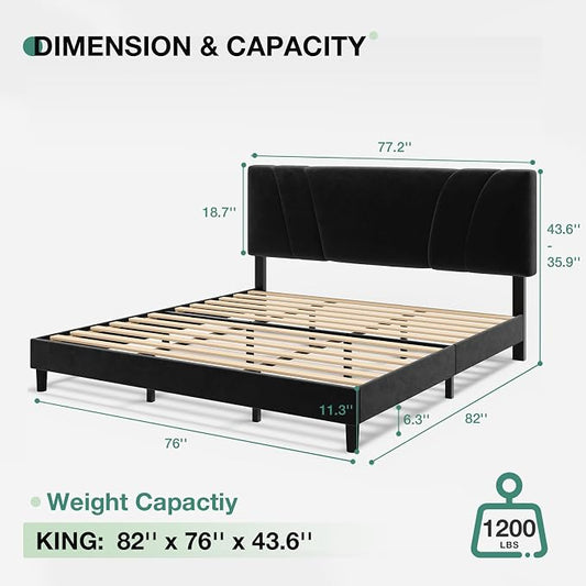 Novilla King Bed Frame and Headboard, King Bed Frame, Velvet Upholstered Bed Frames, No Box Spring Needed, Heavy Duty Feet, Easy Assembly, Black Velvet