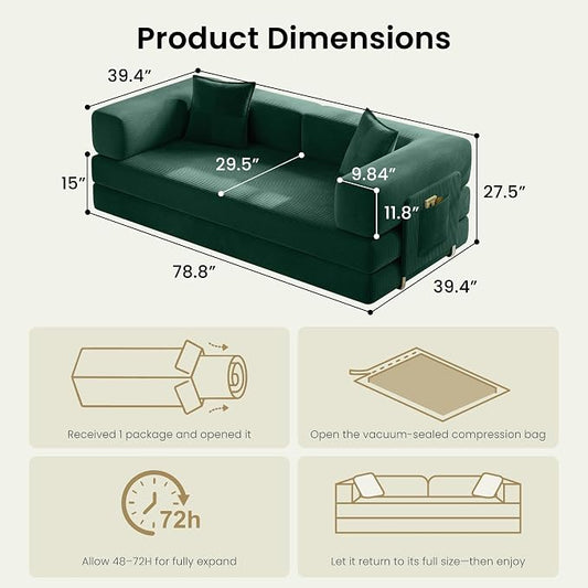 78.8" Convertible Sofa Bed,Corduroy Futon Couch with Storage Pocket,Folding Pull Out Futon Sofa,No Assembly Boneless Couch for Living Room, Forest Green