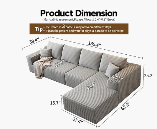 135.4" Cloud Modular Sectional Sofa Couch with L-Shape Chaise,Modern Minimalist Upholstered Couches for Living Room Bedroom,Deep Seat Corner Couch,No Assembly Required (Grey,Right Facing Chaise)