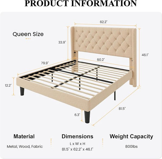 SHA CERLIN Queen Size Platform Bed Frame with Upholstered Headboard and Wingback, Button Tufted Design, Easy Assembly, No Box Spring Needed, Beige