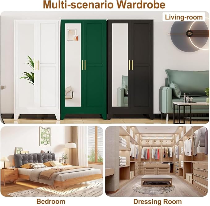Metal Armoire Wardrobe Closet Storage Cabinet with Mirror Black, 71'' Wardrobe Cabinet with Hanging Rod Metal Closet with 2 Adjustable Shelves for Bedroom, Laundry Room, Cloak Room