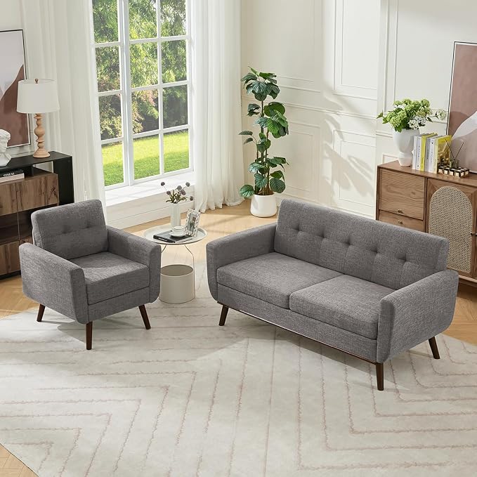 Kingfun Living Room Furniture Sets, Loveseat & Accent Chair, Mid Century Modern Decor Sofa Couches, Button Tufted Upholstered Furniture, Gray | linen fabric