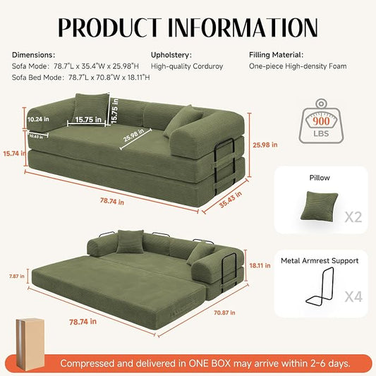 79'' Convertible Sofa Bed, Boneless Couch-in-a-Box, Corduroy Floor Futon Loveseat Sleeper, 26'' Deep Seat, Removable Machine-Wash Covers, No Assembly, 2 Pillows, Olive Green