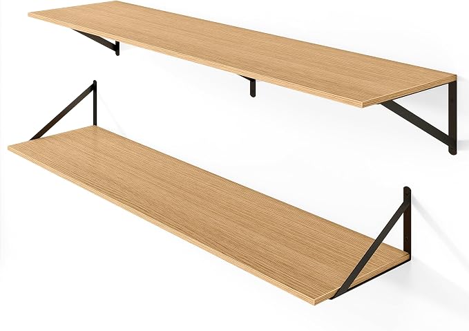 Heimlove 12 Inch Deep Floating Shelves for Wall, 48W x 12D Wood Wall Shelves Set of 2, Rustic Oak Wide Floating Bookshelf for Living Room, Kitchen, Office, Bedroom, with Black Metal Bracke - Oak