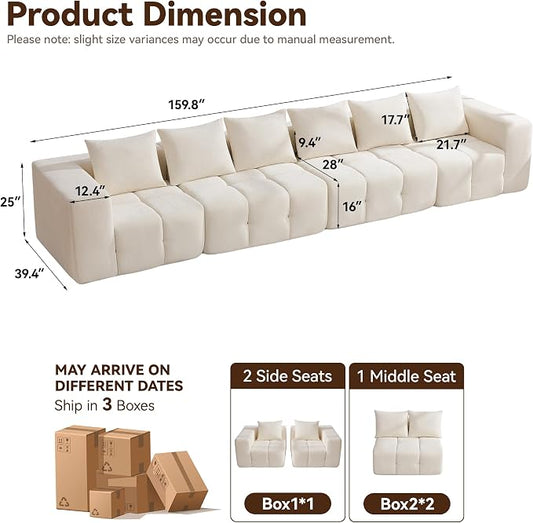 160" Oversized 6 Seater Boneless Couch, Comfy Cloud Modular Sectional Sofa with Deep Seat, Modern Boneless Memory Foam Couches for Living Room, Tufted Sofa, No Assembly Required, Beige