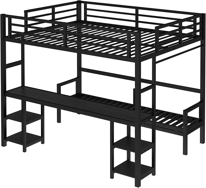 Bellemave Futon bunk Bed Twin XL Over Queen, Queen loft Bed with futon and Desk and Shelves, LED, USB, Black