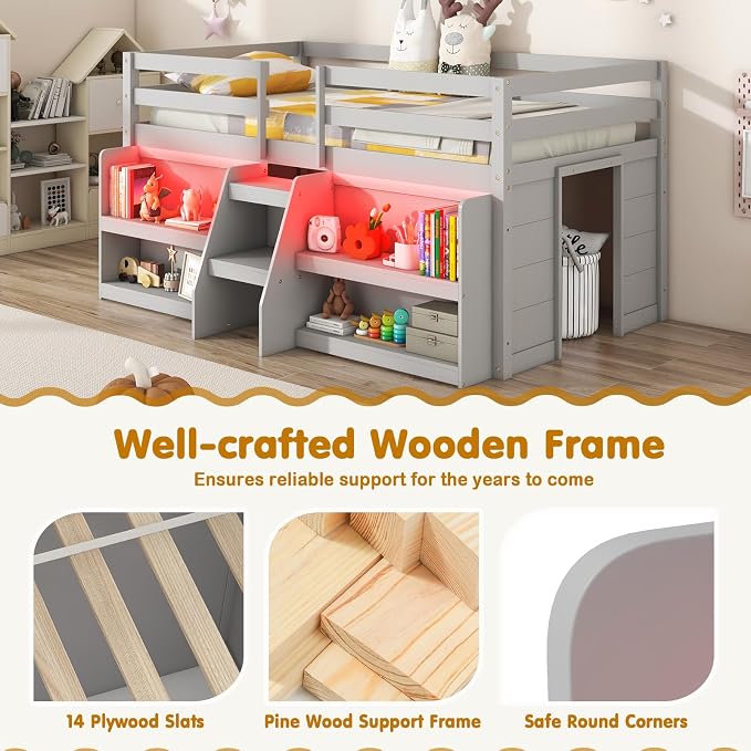 Giantex Twin Loft Bed with LED Lights, Wooden Loft Bed Twin Size with Stairs & Safety Guardrail, Low Loft Bed for Kids with Storage Bookcase and Under-Bed Play Space, Grey