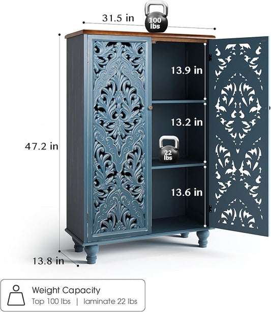 JOINICE 47" Tall Accent Cabinet with Carved Doors & Storage for Living Room | Vertical Storage for Dining Room,Bedroom, Carved Floral Design, Walnut Finish Top, Farmhouse/Rustic Style, Adjustable Shelves