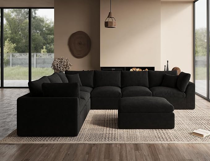 ohllob Oversized Sectional Couches for Living Room, Cloud Boneless Couch, 7 Seater Large Modular Sectional Sofa, Black