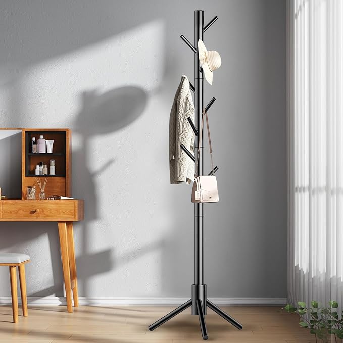 Aliphon Wooden Coat Rack Stand, Freestanding Coat Rack with 8 Hooks, 3 Adjustable Size Coat Tree for Hats, Coats, Scarves bags, Coat Hanger Stand Used in Bedroom/Office/Entryway,2 PCS (Black)