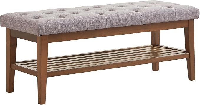 HUIMO Entryway Shoe Bench, End of Bed Bench,Upholstered Button-Tufted Bench for Kitchen, Fabric Ottoman Bench for Living Room, Padded Bench with Solid Wood Shelf,Grey