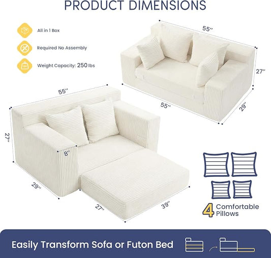 cidludto Convertible Sofa Bed, Boneless Couch 2 in 1 Loveseat Folding Couch Bed Foldable, Boneless Chair Bed & Futon Sofa, Small Couch Corduroy Pull Out Sofa with 4 Pillows for Living Room, Beige