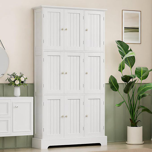 ChooChoo Bathroom Storage Cabinet with 9 Doors, Narrow Floor Cabinet with Adjustable Shelves, White Slim Pantry Cabinet for Kitchen, Bathroom, Laundry Room, Living Room