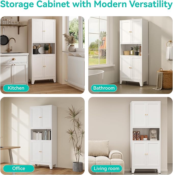 69" H Metal Pantry Cabinet with Open Shelf,13.78“Deep By 28" Wide Storage Cabinet with Doors and Adjustable Shelves,Microwave Stand,for Kitchen Dining Room Bathroom,White 1Pc