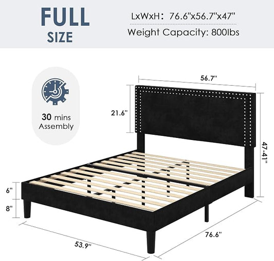 VECELO Full Size Platform Bed Frame with Height Adjustable Upholstered Headboard, Modern Mattress Foundation,Strong Wood Slat Support, No Box Spring Needed, Easy Assembly,Black