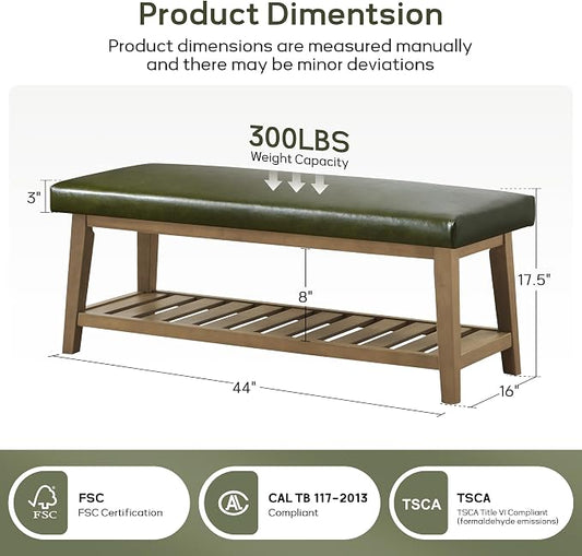 Entryway Bench with Cushion, Upholstered Shoe Rack Bench with Solid Wood Shelf, 44" End of Bed Bench for Bedroom, Chenille Fabric Storage Bench for Entryway, Hallway, Living Room (PU-Green)
