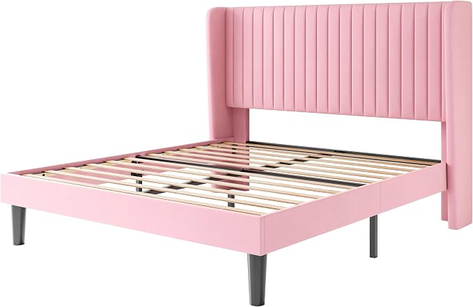 SHA CERLIN Full Size Velvet Bed Frame with Vertical Channel Tufted Wingback Headboard, Upholstered Platform Bed with Wood Slats, No Box Spring Needed, Easy Assembly, Pink