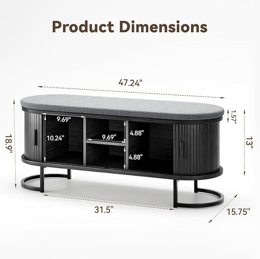 Decofy Shoe Storage Bench with Cushion and Sliding Doors, 47.2 Inch Shoe Bench with Storage, Freestanding Entryway Bench with Storage, Sturdy Metal Feet, for Hallway & Entrance Hall, Black Walnut