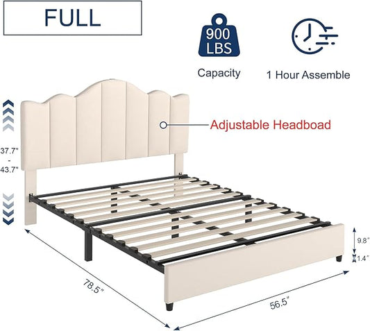 VECELO Full Bed Frame with Adjustable Headboard, Heavy-Duty Upholstered Platform with Strong Wood Slats, No Box Spring Needed, Easy Assembly, Pure Beige