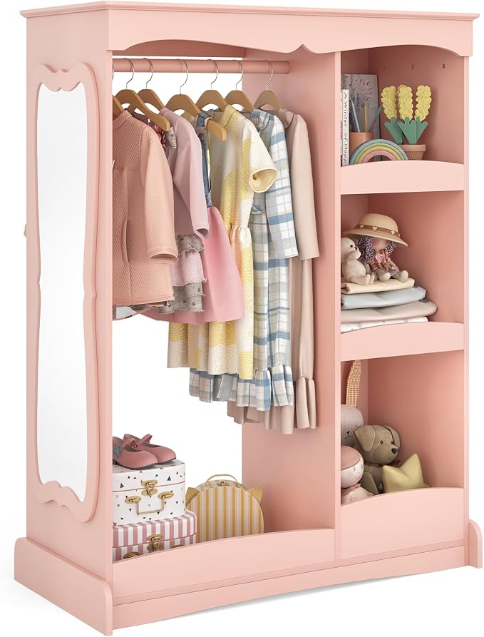 Curipeer Kids Dress Up Storage with Flower Mirror, Open Hanging Closet Wardrobe for Children, Kids Armoire & Costume Organizer for Bedroom Playroom Preschools Classroom, Pink