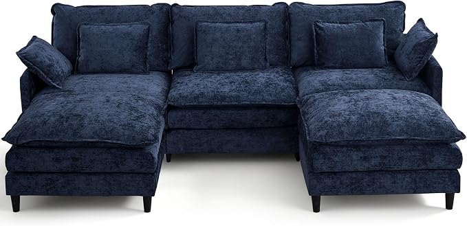 113" Chenille Modular Sectional Sofa, Convertible L Shaped Modular Sofa Comfy Cloud Couch with Ottoman, Side Pockets and 5 Throw Pillows for Living Room (Blue, 113" - 5 Seats)