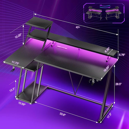 Korfile 47 Inch Gaming Desk with LED Lights & Power Outlet, L Shaped Computer Desk with Storage Shelves, Gamer Workstations with Monitor Stand for Bedroom, Carbon Fiber Black