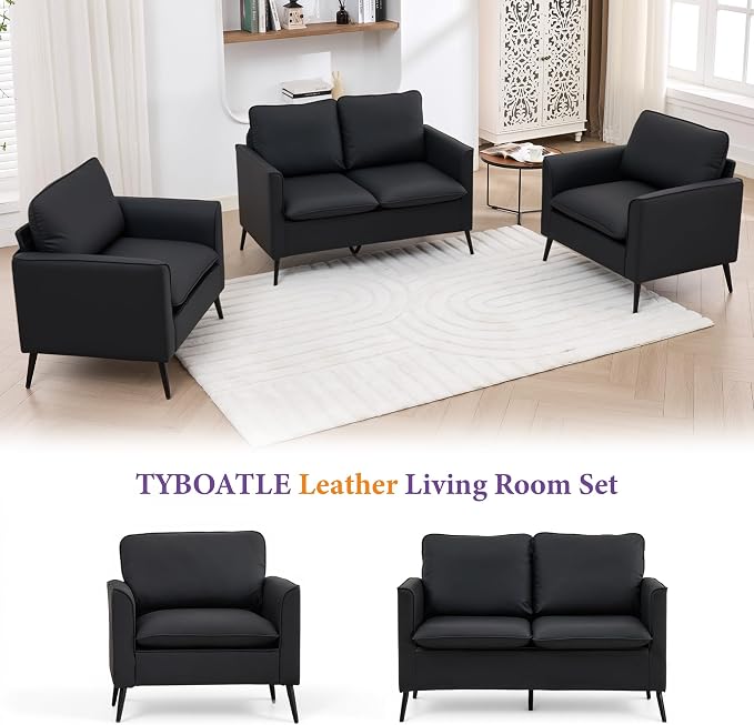 TYBOATLE Faux Leather Loveseat Sofa, Comfy Small Love Seat Mini Couch with 2 Pillows, Mid-Century Modern 2 Seater Couches for Small Spaces, Living Room, Bedroom, Apartment, Office, Dorm (Black, 1)