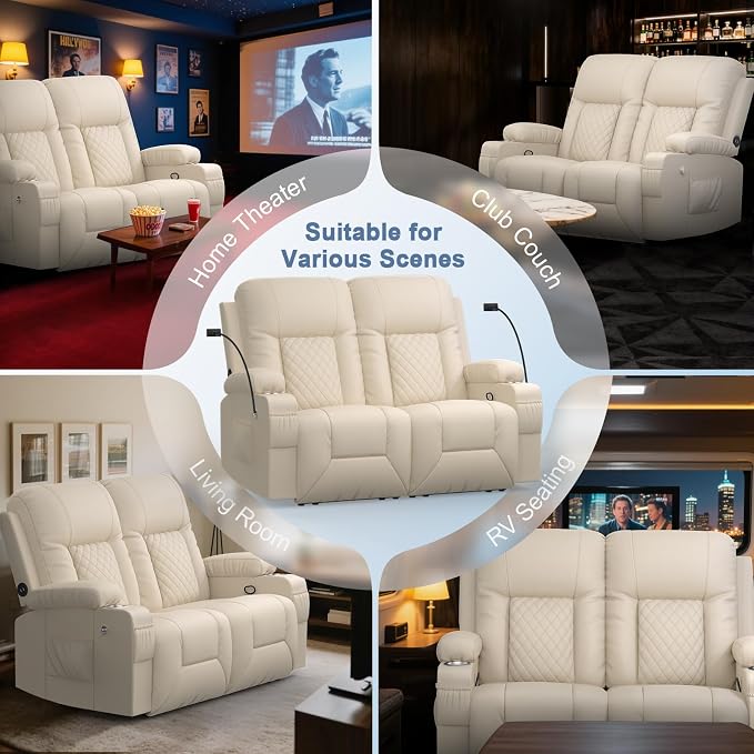 Loveseat Recliner Sofa, Home Theater Seating with Storage & Pocket, Reclining Loveseat Sofa with USB Ports & Phone Holders, Wall Hugger Recliner RV Couch Furniture