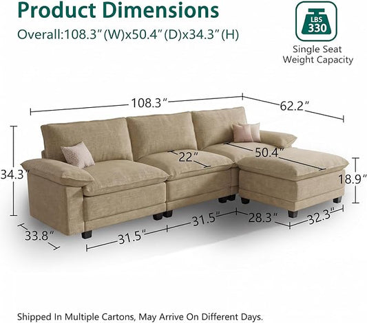 Modern L Shaped Sofa Couches for Living Room, Modular Sectional Cloud Couch with Movable Ottoman, Comfy Chenille Sofa for Apartment and Small Space, Light Yellow