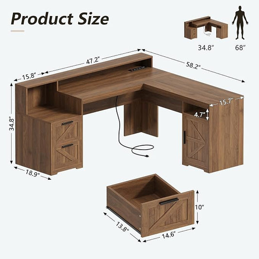 YOMILUVE 63" Farmhouse L Shaped Executive Desk with Drawers & Storage Shelf, Corner Computer Desk with Power Outlets, L Shaped Office Desk with Monitor Stand, Printer Shelf, Brown