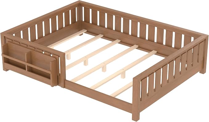 Bellemave Natural Montessori Floor Bed with Fence and Slats, Queen Size Montessori Floor Bed with Bookcase and High Rails, Easy Assemble Bed Frame for Girls, Boys, Queen