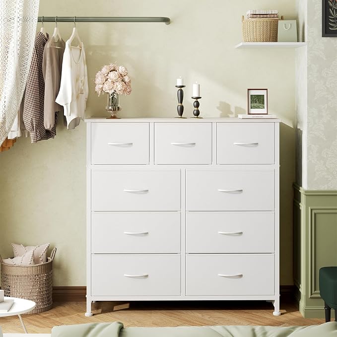 DUMOS 9 Drawer Dresser for Bedroom, Storage Organizer Chest of Drawers | Fabric Bins Storage Tower with Sturdy Metal Frame, Wood Tabletop for Closet, White