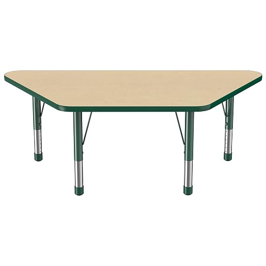 FDP Trapezoid Activity School and Classroom Kids Table (30 x 60 inch), Chunky Toddler Legs for Collaborative Seating Environments, Adjustable Height 15-24 inches - Maple Top and Green Edge