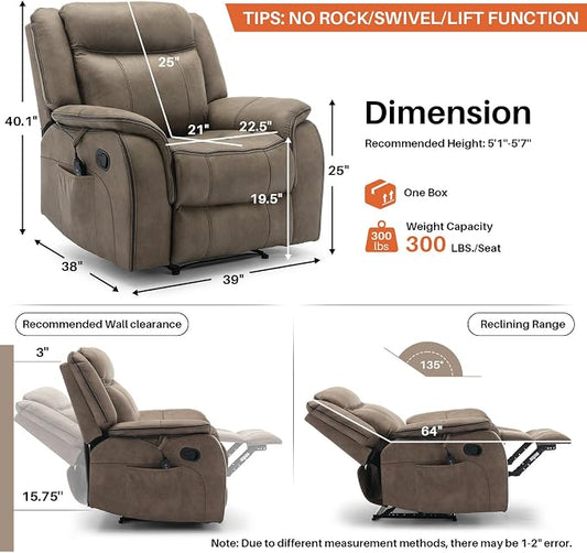Massage Recliner Chair with Heat, Faux Leather Recliner Chairs for Adults, 39" Wide Manual Reclining Ergonomic Lounge Chair, Overstuffed Wall Hugger Recliners for Living Room, Nut Brown