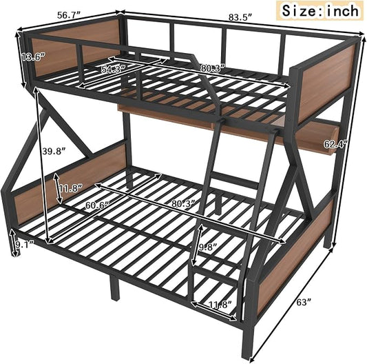 KEIKI Full Over Queen Bunk Bed, Heavy Duty Metal Bunkbed with Storage Shelves, Lights, Bottom Space & Guardrail for Aldults Dorm Bedroom Guest Room, No Box Spring Needed, Noise-Free Design
