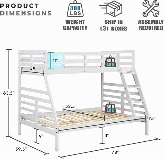 Lexicon Bunk Bed Twin Over Full, Wooden Bed Frame with Sturdy Ladder and Safety Guard Rails, Modern Space-Saving Design, for Bedroom/Guest Room, No Box Spring Needed, White
