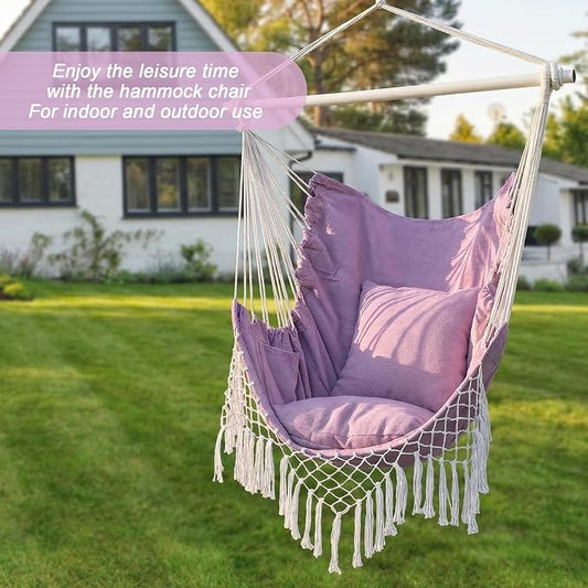 Hammock Chair, Hanging Rope Swing Seat with 2 Cushions,Macrame Hanging Chair Side Pocket with High Load-Bearing Metal Rod,for Indoor, Outdoor, Extra Comfortable (Light Purple)