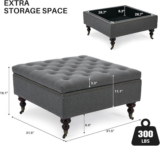 Large Square Storage Ottoman Uphlostered Tufted Button Coffee Table, Oversized Footrest Bench with Castered Rolling Wheels for Living Room, Dark Grey Linen Waterproof