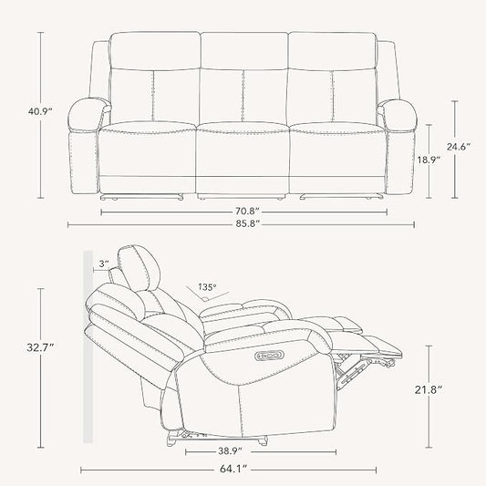 Watson & Whitely Genuine Leather Power Recliner Sofa, 3 Seater Wall Hugger Reclining Sofas with Power Headrest, USB & TypeC Ports, Electric Recliner Couch Set for Living Room, Black