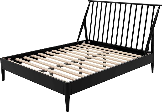 Merax Queen Size Solid Bamboo Wood Spindle Platform Queen Bed with 46.5" Tall Headboard, Bohemian Bed Frame with Wooden Slats and Metal Support, Mid-Century Modern Style, No Box Spring Needed, Black