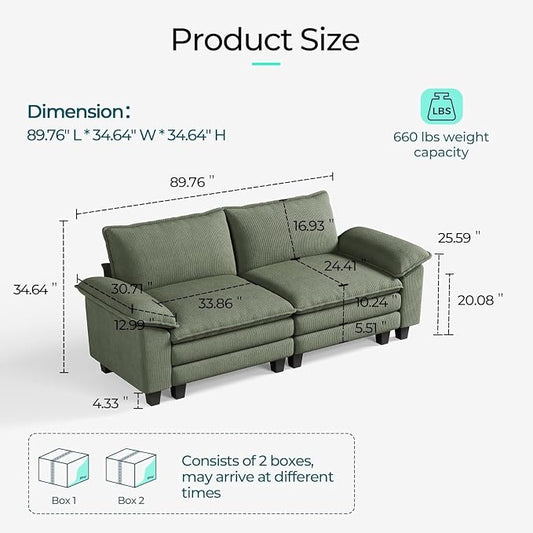 LINSY HOME 90" Modular Cloud Love Seat Sofa, Corduroy Soft Sectional Couch, Modern Comfy Love Seat, Perfect for Living Room, Apartment, Office, Green