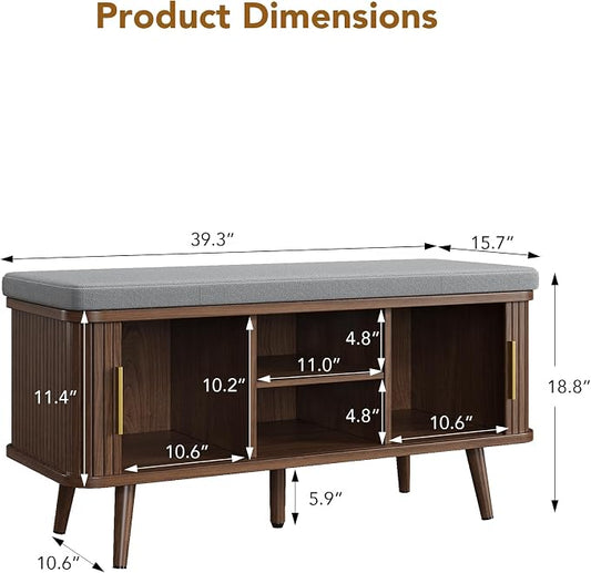 Decofy Shoe Storage Bench with Cushion and Sliding Doors, 39 Inch Shoe Bench with Storage, Freestanding Entryway Bench with Shoe Storage, with Solid Wood Legs, for Hallway & Entrance Hall, Walnut