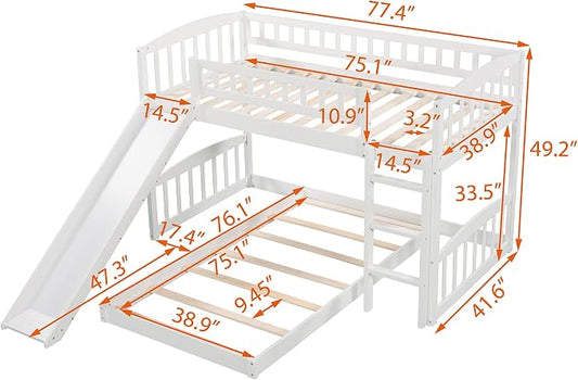 Twin Over Twin Bunk Bed, Wood Bunk Bed with Slide and Ladder, White