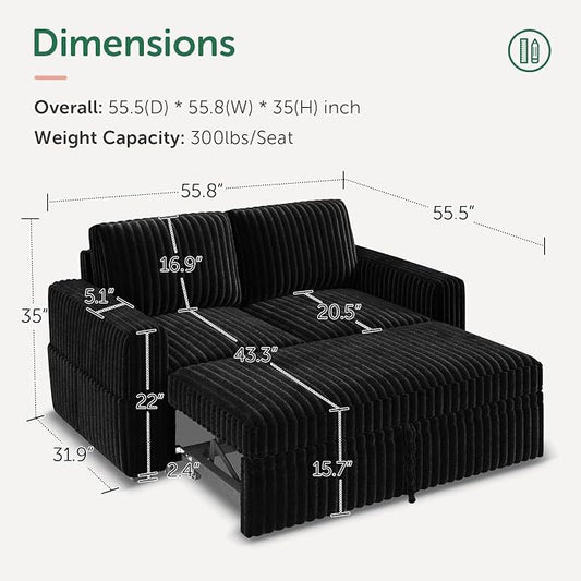 HONBAY Modular Pull Out Sofa Bed,Corduroy Loveseat, Couches for Living Room,Black
