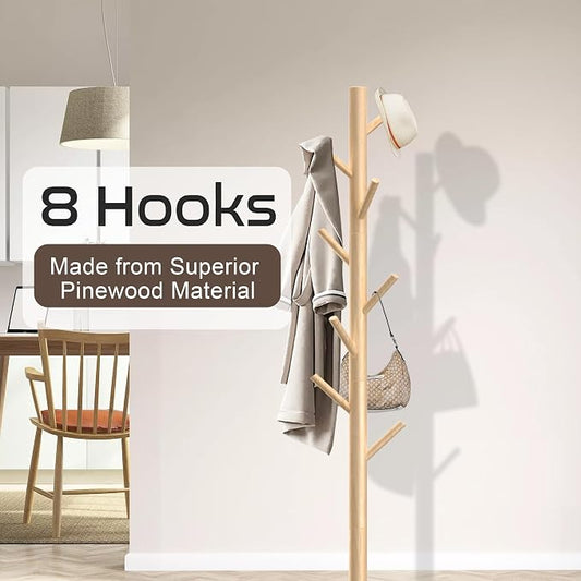 Aliphon Wooden Coat Rack Stand, Freestanding Coat Rack with 8 Hooks, 3 Adjustable Size Coat Tree for Hats, Coats, Scarves bags, Coat Hanger Stand Used in Bedroom/Office/Entryway,2 PCS (Natural)