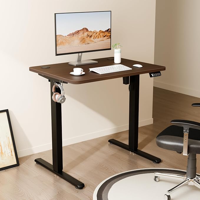 ERGOMAKER Electric Standing Desk, 31.5" x 23.6" Height Adjustable Sit Stand Desk with Splice Board for Home Office, Computer Desk Memory Preset (Black Frame, Walnut Desktop)